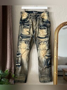 Taker Men's Distressed Multi Pocket Cargo Jeans Size 32X32
